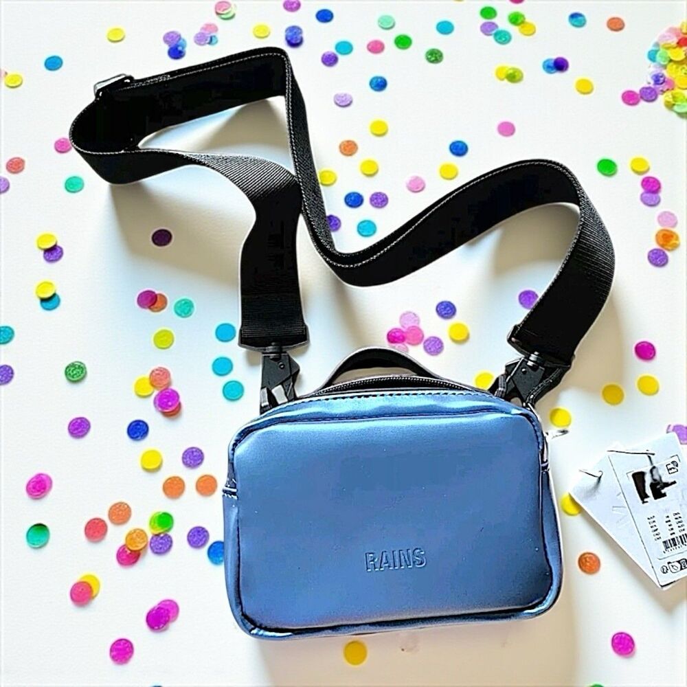 Rains Box Bag Micro in Laser Iridescent Blue Crossbody Strap RV$95 New With Tags